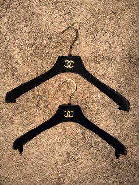 Lot of 2 CHANEL Black Velvet Hangers with Gold CC Logo and Hooks